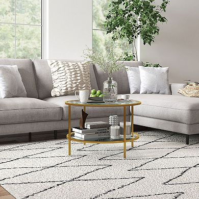 2-Tier Tempered Glass Shelf Table with Gold Frame, Modern Accent Table