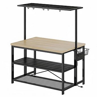 3 tier Kitchen Island Bakers Rack with Storage and Power Outlet,Microwave Stand with 5 Hooks