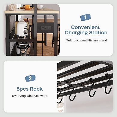 3-Tier Kitchen Island Bakers Rack with Storage and Power Outlet,Microwave Stand with 5 Hooks