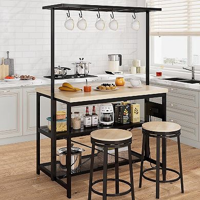 3-Tier Kitchen Island Bakers Rack with Storage and Power Outlet,Microwave Stand with 5 Hooks