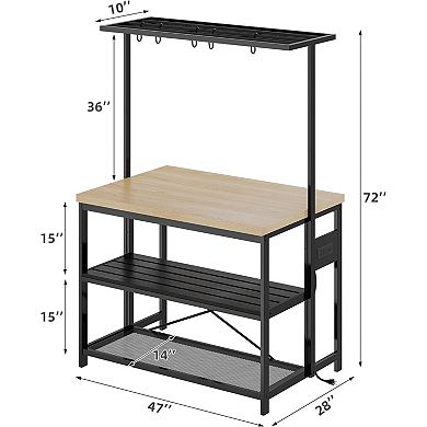 3-Tier Kitchen Island Bakers Rack with Storage and Power Outlet,Microwave Stand with 5 Hooks