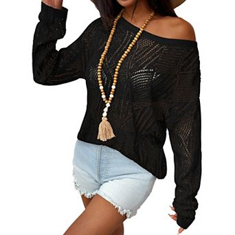 Zeagoo Womens Off The Shoulder Top Oversized Crochet Sweaters Hollow Out Beach Vacation Outfits