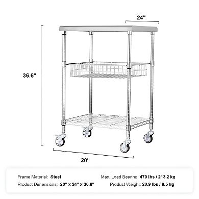 3-Tier Stainless Steel Utility Cart with Adjustable Shelves and Rolling Casters
