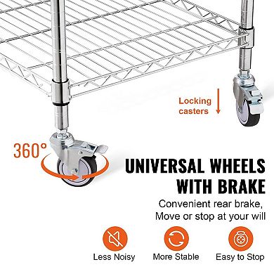 3-Tier Stainless Steel Utility Cart with Adjustable Shelves and Rolling Casters
