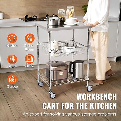 3-Tier Stainless Steel Utility Cart with Adjustable Shelves and Rolling Casters