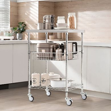 3-Tier Stainless Steel Utility Cart with Adjustable Shelves and Rolling Casters