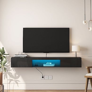 Floating Wall Mount TV Stand with LED Lights, Storage Compartment, and Cable Management