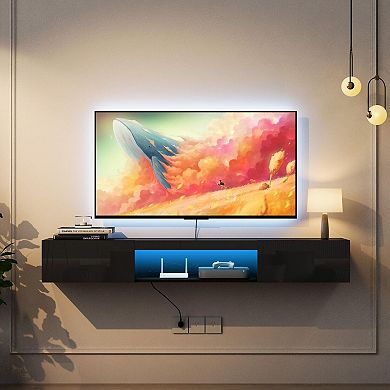 Floating Wall Mount TV Stand with LED Lights, Storage Compartment, and Cable Management