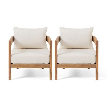 Club Chair Acacia Wood Club Chair with Plush Beige Cushions, Set of 2