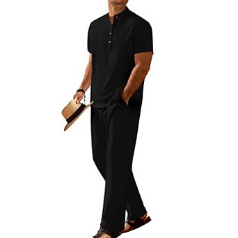 COOFANDY Men's 2 pc Casual Summer Outfit Button Down Shirt and Henley T Shirt