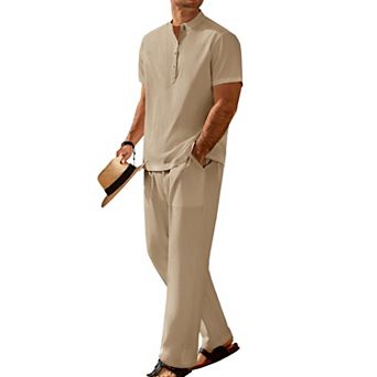 COOFANDY Men's 2 pc Casual Summer Outfit Button Down Shirt and Henley T Shirt