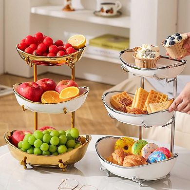 3 Tier Ceramic Fruit Bowl Stand Metal Serving Tray Kitchen Counter Organizer