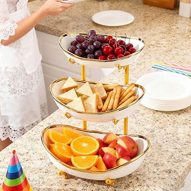 3 Tier Ceramic Fruit Bowl Stand Metal Serving Tray Kitchen Counter Organizer