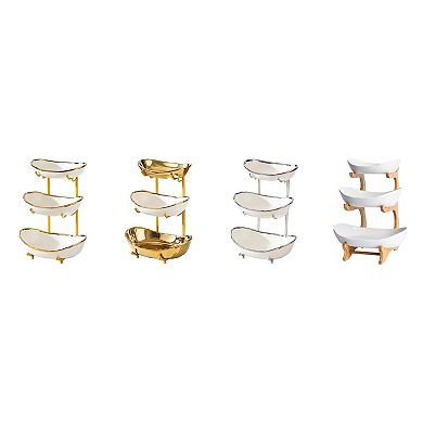 3 Tier Ceramic Fruit Bowl Stand Metal Serving Tray Kitchen Counter Organizer