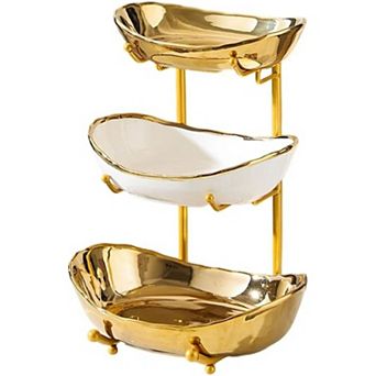 3 tier Ceramic Fruit Bowl Stand Metal Serving Tray Kitchen Counter Organizer