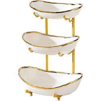 3 tier Ceramic Fruit Bowl Stand Metal Serving Tray Kitchen Counter Organizer