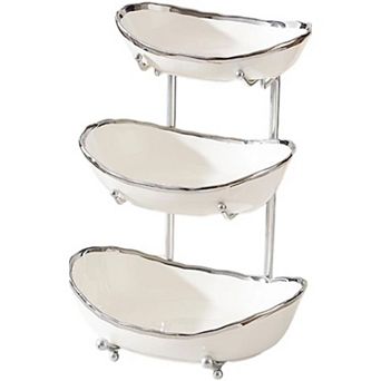 3 tier Ceramic Fruit Bowl Stand Metal Serving Tray Kitchen Counter Organizer