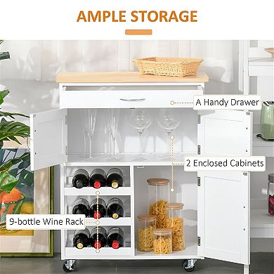 Compact Kitchen Island Cart with Cabinets, Drawer & Locking Casters, Crystal