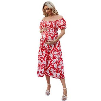 Floral Short Sleeve Maternity Dress Summer Square Neck Smocked Midi Dress for Pregnancy