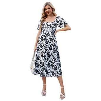 Floral Short Sleeve Maternity Dress Summer Square Neck Smocked Midi Dress for Pregnancy