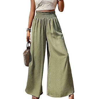 Women High Waist Wide Pants Polka Printed Elastic Waist Flowy Business Casual Slacks with Pockets