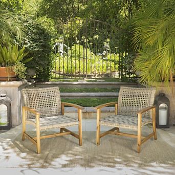 Outdoor Acacia Wood Wicker Club Chairs (Set of 2) Natural/Grey Faux Rattan Dining Chairs