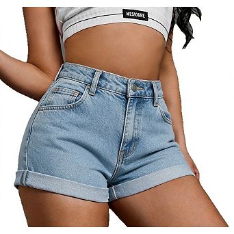 Women's High Rise Roll Up Hem Stretchy Leg Denim Jean Shorts with Pocket