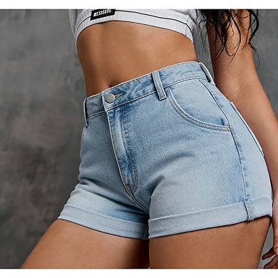 Women's High Rise Roll Up Hem Stretchy Leg Denim Jean Shorts with Pocket