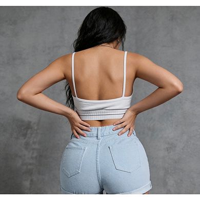 Women's High Rise Roll Up Hem Stretchy Leg Denim Jean Shorts with Pocket