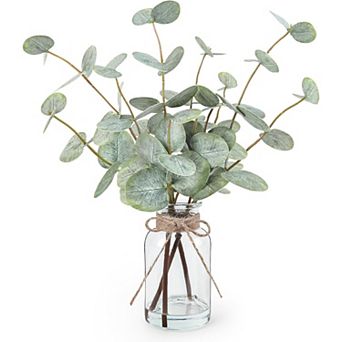 Artificial Eucalyptus Stems in Glass Vase with Faux Water, 13.5” Fake Plants for Home Decor