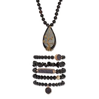Natural Black Onyx and Genuine Agate Goldtone Necklace and Bracelet Set, 34 inch