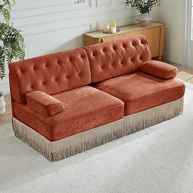 Button-Tufted Velvet Modular Sofa with Fringe Skirt-Sillysis