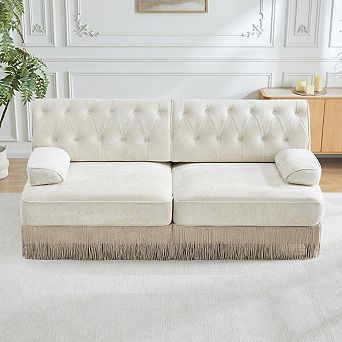 Button-Tufted Velvet Modular Sofa with Fringe Skirt-Sillysis