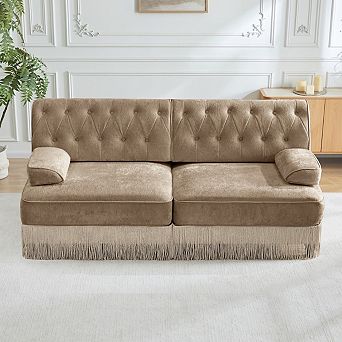Button-Tufted Velvet Modular Sofa with Fringe Skirt-Sillysis
