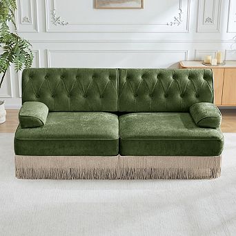Button-Tufted Velvet Modular Sofa with Fringe Skirt-Sillysis