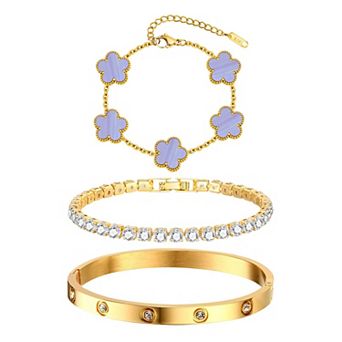 18K Plated Floral Stackable Bracelets Set - Elegant Gift for Women