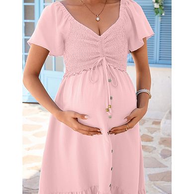 Women's Maternity Dress V Neck Drawstring Design Comfortable Dress