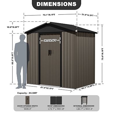 6 x 4 FT Garden Storage Shed Galvanized Sheet Tool Shed with Sliding Doors