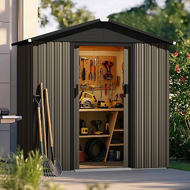 6 x 4 FT Garden Storage Shed Galvanized Sheet Tool Shed with Sliding Doors