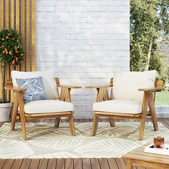 Outdoor Acacia Wood Club Chairs with Cushions (Set of 2) Teak Finish, Beige, Geometric Design
