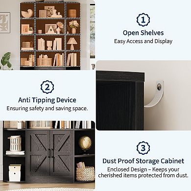 75" 6-Tier Bookcase: Barn Door Storage Cabinet with Adjustable Shelves for Home
