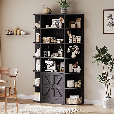 75" 6-Tier Bookcase: Barn Door Storage Cabinet with Adjustable Shelves for Home