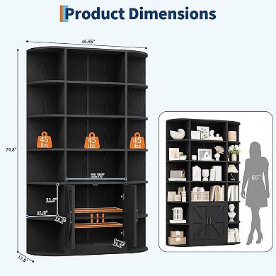 75" 6-Tier Bookcase: Barn Door Storage Cabinet with Adjustable Shelves for Home
