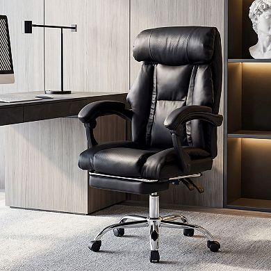 Black Durable Leather Office Chair Adjustable Height Executive Desk Chair with Foot Rest