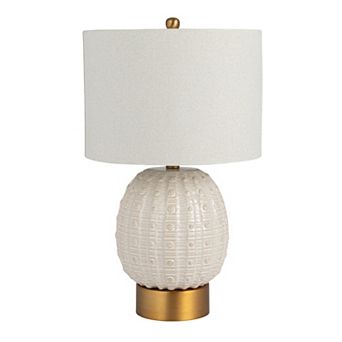 Hello Honey Stoneware Globe Table Lamp with Cream Crackle Glaze and Natural Linen Shade
