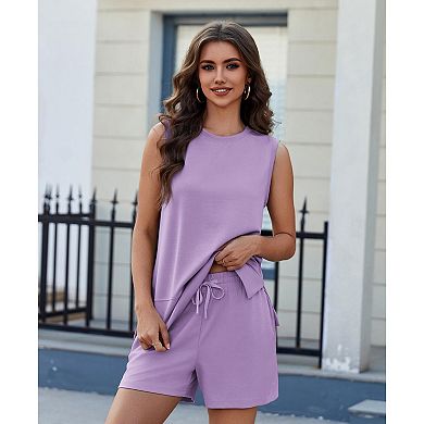 Pinspark Women's 2 Piece Crew Neck Lounge Set Drawstring Shorts Tracksuit with Pockets