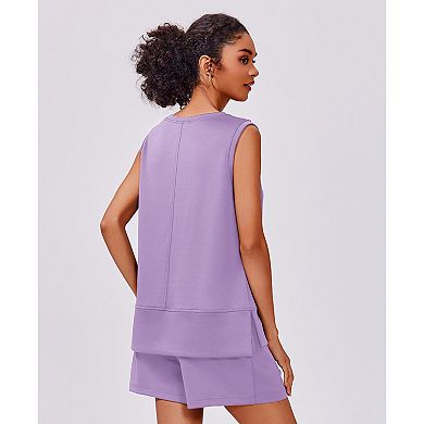 Pinspark Women's 2 Piece Crew Neck Lounge Set Drawstring Shorts Tracksuit with Pockets