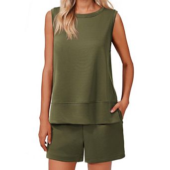 PINSPARK Women's 2 pc Crew Neck Lounge Set Drawstring Shorts Tracksuit with Pockets