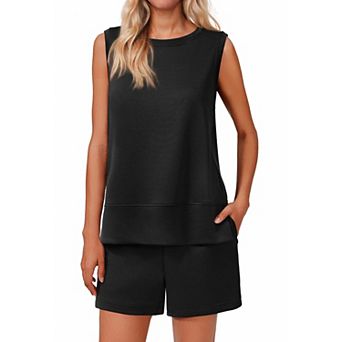 PINSPARK Women's 2 pc Crew Neck Lounge Set Drawstring Shorts Tracksuit with Pockets