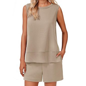 Pinspark Women's 2 pc Crew Neck Lounge Set Drawstring Shorts Tracksuit with Pockets